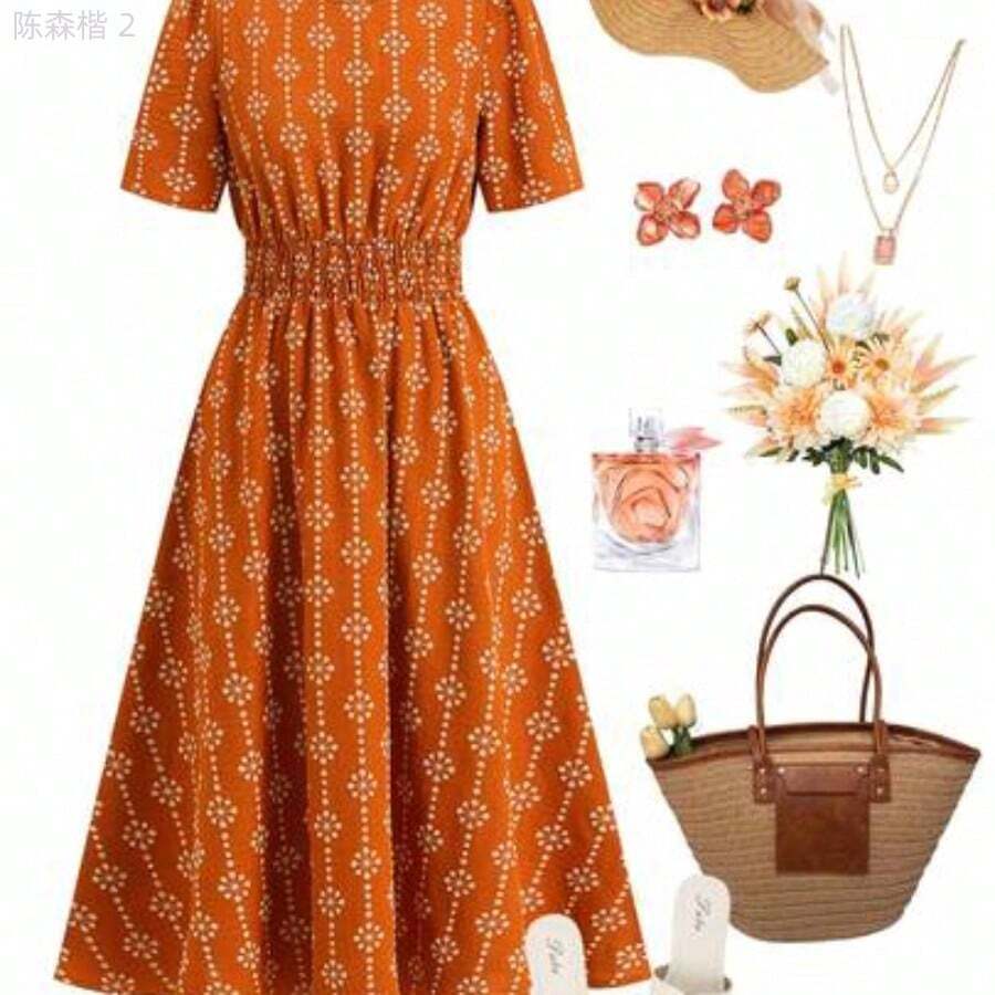 xuehuamaoyi02 Vestido elegante de longitud media con cuello redondo, manga corta, estampado floral y cinturón para mujer - Marrón - Ver 1