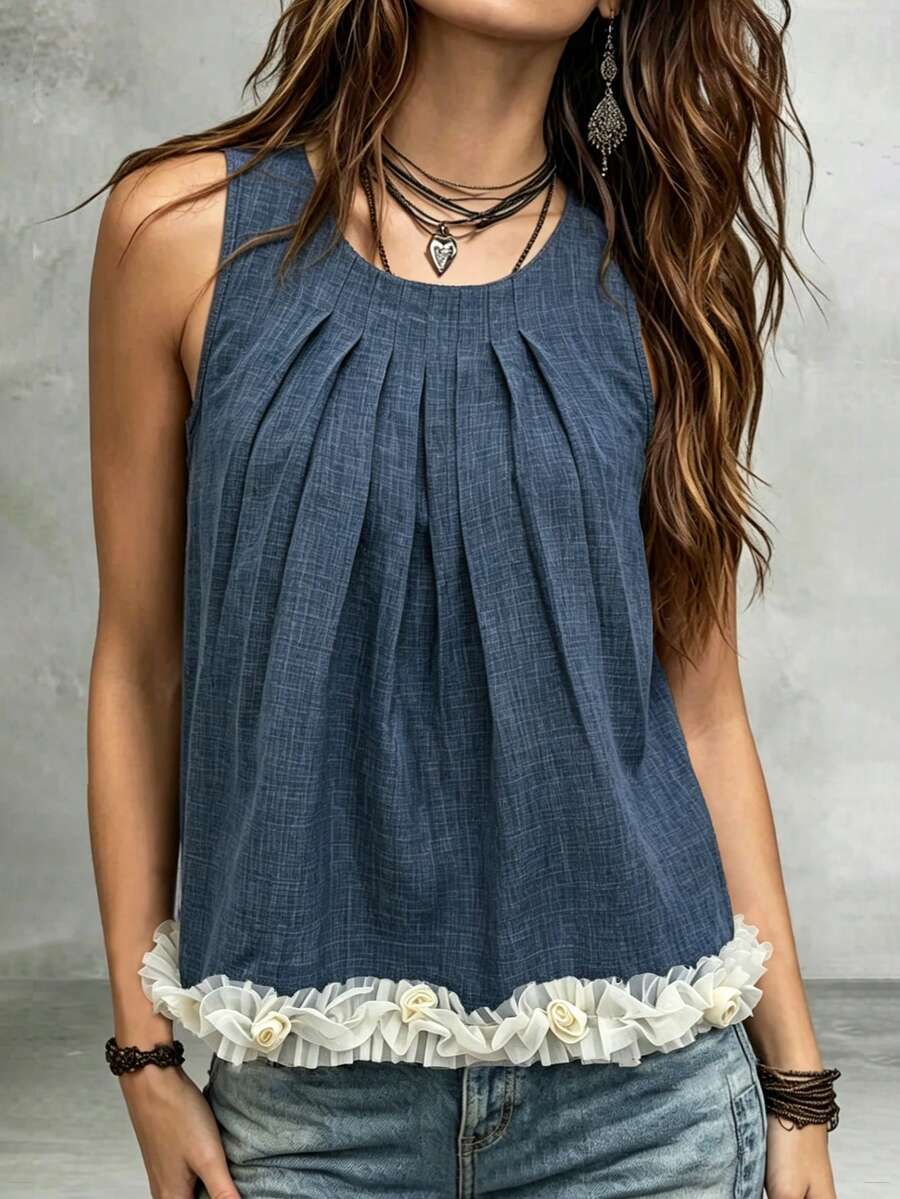 2026 Spring/Summer New Women's Sleeveless Ruched Crew Neck Top, Suitable For Summer & Valentine's Day