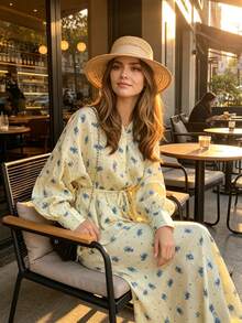 Boho Floral Print Two-Piece Outfit, Button-Up Blouse And Flowy Maxi Skirt - 藍色花 - 查看 6