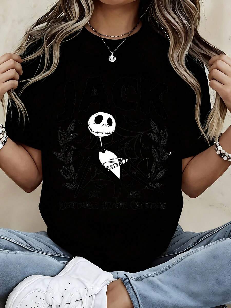 Disney Jack Skellington T Shirt Black Nightmare Before Christmas Character Print For Halloween Party And Casual Wear - 黑色 - 查看 1
