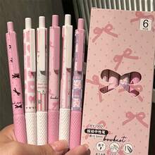 6支裝粉色蝴蝶結伸縮圓珠筆組，書寫流暢，黑色墨水，人體工學設計，舒適握感，中尖頭，圓珠筆，可愛文具必備，非常適合筆記和書寫，理想的辦公室和學校用品，生日、聖誕節、萬聖節、情人節、新年、朋友和復活節禮物！ - 套裝 - 查看 1