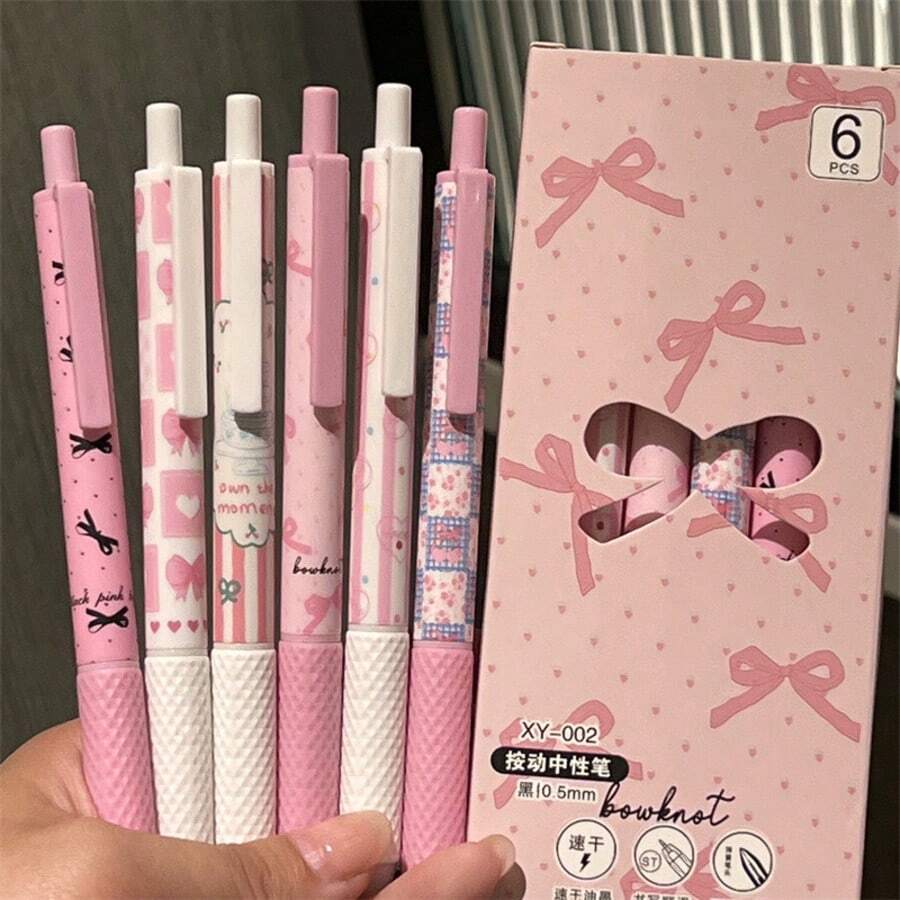 6支裝粉色蝴蝶結伸縮圓珠筆組,書寫流暢,黑色墨水,人體工學設計,舒適握感,中尖頭,圓珠筆,可愛文具必備,非常適合筆記和書寫,理想的辦公室和學校用品,生日、聖誕節、萬聖節、情人節、新年、朋友和復活節禮物! - 套裝 - 查看 1