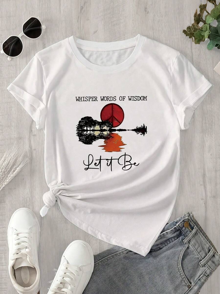 Camiseta de manga corta y cuello redondo para mujer con un ingenioso diseño de microestampado, apta para todas las estaciones. - Blanco - Ver 1