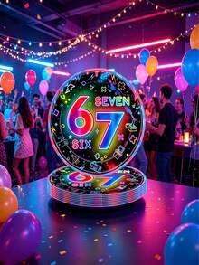 24/1pc Party Supplies - Neon Paper Plates With Retro Game Icon "Six Seven", Video Game Themed Reusable Plates. Suitable For Birthday Parties, Game Nights And Disposable Tableware, No Cleaning Required After Use. - A - View 3