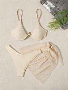 Swim Basics Set de 3 piezas: Top de bikini con aros de unicolor, falda inferior con lazo delantero - Blanco - Ver 1