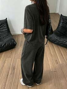 Casual Cotton Short Sleeve Washed Outfit, Suitable For Home, Daily Wear, Street, And Airport, Spring/Summer Black - Black - View 2