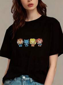 Tiendas Locales, Camisas de Hombre, Ropa de Hombre, Camisetas de Hombre, Camiseta  189G Blanca y Negra, Estampado de Personajes de Dibujos Animados, Impresión de Alta Calidad, Cuello Redondo, Corte Holgado Básico, para Hombres y Mujeres, Transpirable, Secado Rápido, Versátil, Lavable a Máquina, Cómoda, Tallas S ~ 2XL, Uso Diario, Casual, Deportivo, Esencial para el Verano. - Negro - Ver 2