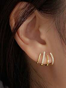 1 Pair S925 Sterling Silver Fashion Personalized Design Multi-Layer C-Shaped Stud Earrings For Women, Exquisite Luxury High-End Niche Ear Jewelry, Ins Artistic Versatile Ear Cartilage Studs, Gift For Best Friend/Girlfriend - Geometric - View 12