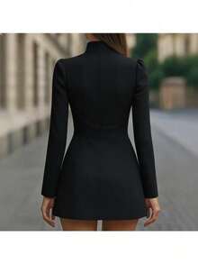 Vestido corto de manga corta, cuello alto, botones simples, de color liso, elegante y favorecedor para la figura - Negro - Ver 3