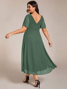 EVERPRETTY 大尺碼女款雙V領荷葉袖A字雪紡中長伴娘禮服，適合婚禮賓客、婚禮派對與半正式場合 - 橄欖綠 - 查看 5