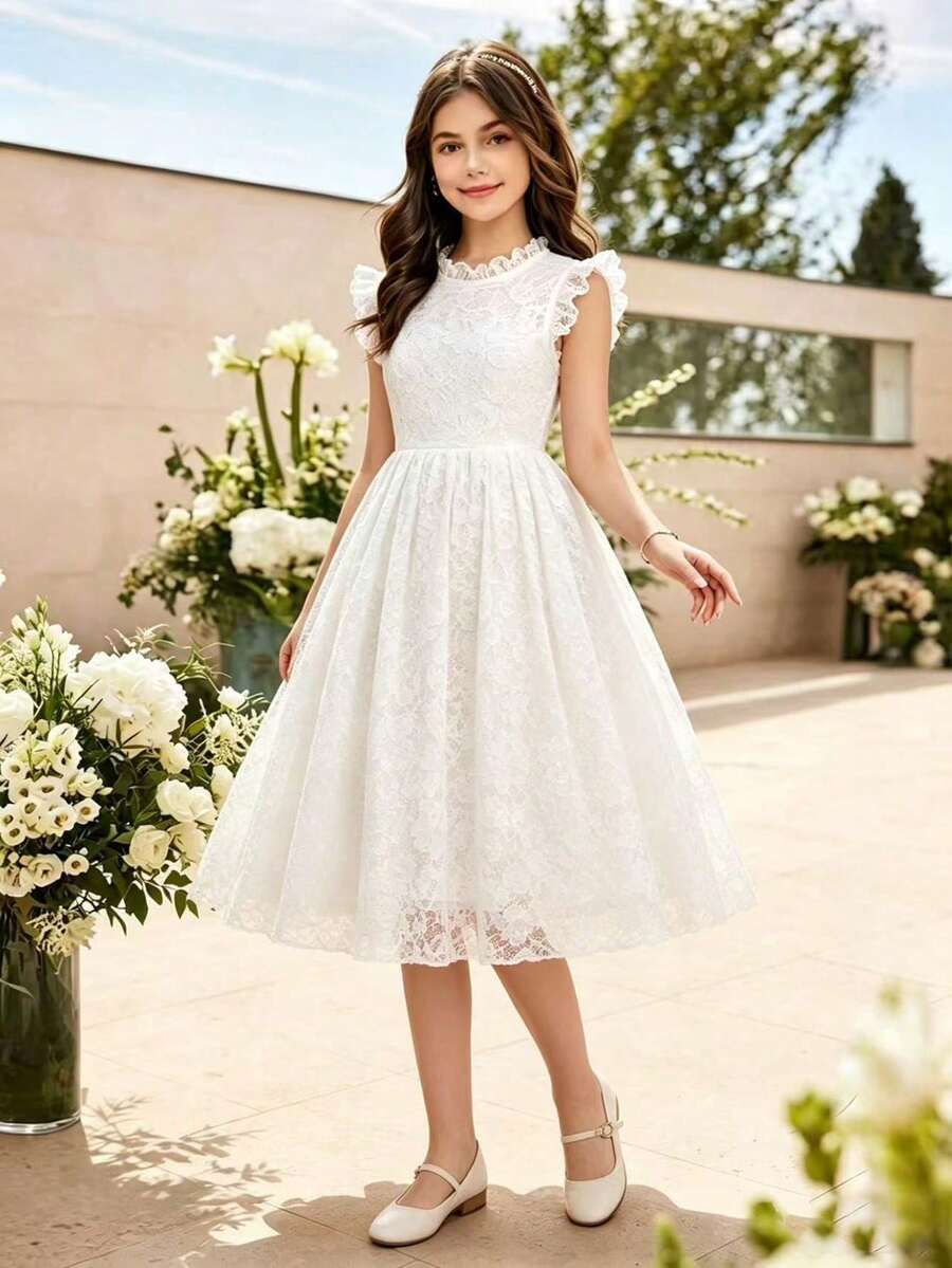 女童圆领短袖白色蕾丝纹理收腰连衣裙，女童春夏白色蕾丝连衣裙，优雅高贵，适合婚礼、派对、聚会等场合，公主裙 - 白色 - 查看 1