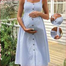 VUUG
  Vestido de maternidad y lactancia con tirantes anchos, apertura con botones delanteros, tirantes ajustables, diseño a rayas vestido largo - Azul y blanco - Ver 1