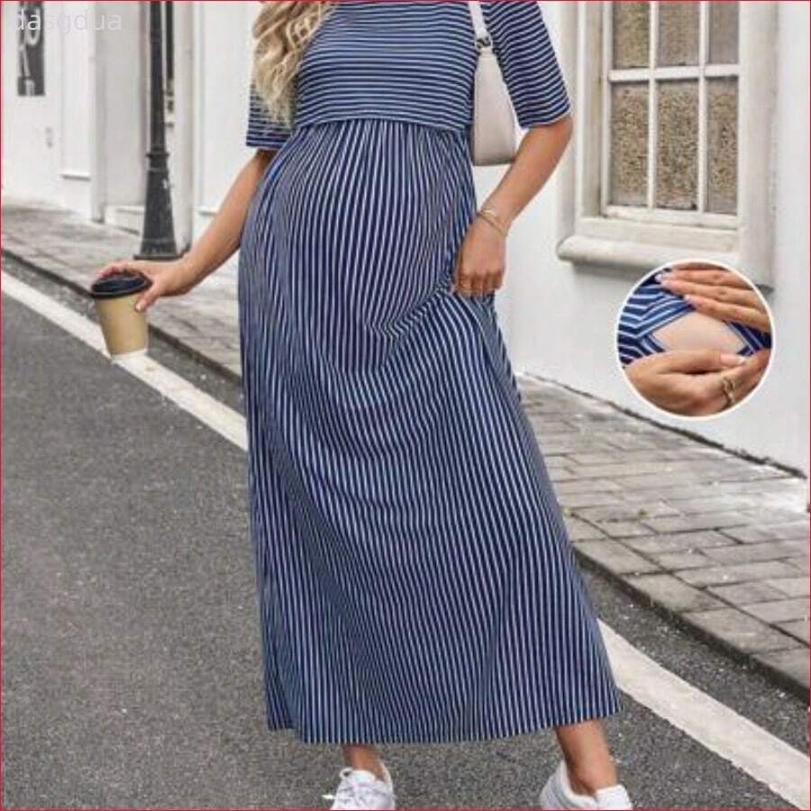 VUUG
Vestido casual de cuello redondo de manga corta a rayas para maternidad y lactancia - Azul y blanco - Ver 1