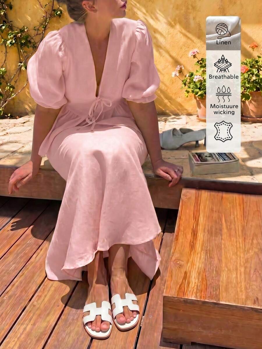 大尺碼亞麻休閒時尚優雅度假日常約會通勤兩件套,休閒裙,休閒女裝套裝,優雅女式套裝粉色夏季 - 粉色 - 查看 1