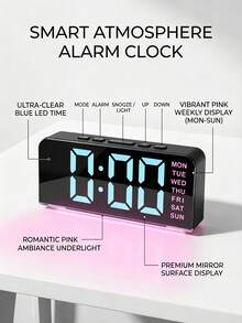 LED Mirror Alarm Clock With Stylish Ambient Night Light, USB Powered. Backlit Bottom, Colorful Week Display. Perfect As Vanity Decor, Home Decor Or Gift For Girls. - Multicolor - View 7