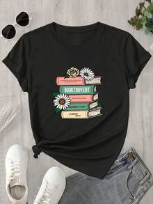 Camiseta de manga corta con cuello redondo para mujer, con estampado floral y diseño de libro, apta para todas las estaciones. - Negro - Ver 1