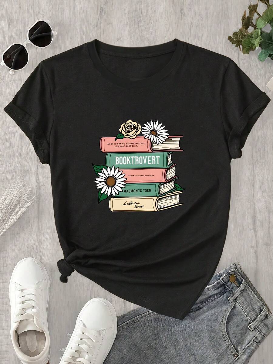 Camiseta de manga corta con cuello redondo para mujer, con estampado floral y diseño de libro, apta para todas las estaciones. - Negro - Ver 1
