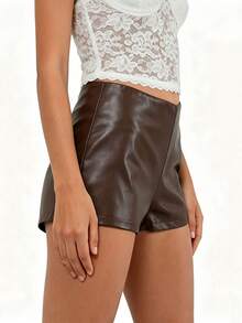 Womens Mini PU Leather Shorts Casual Stylish Solid Color Zip Side Mid Rise Shorts For Daily Life Party And More - 巧克力棕 - 查看 4