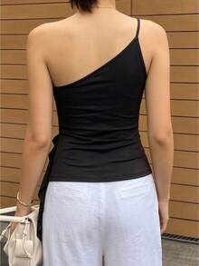 Women One Shoulder Tops With Ruffle Trim Slim Solid Slash Neck Asymmetrical Crop Camisoles Stylish Summer Streetwear - Black - View 4