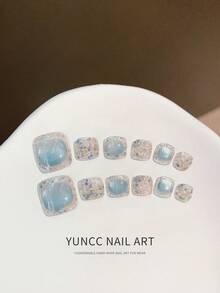 12pcs Handmade Press On Nails, Short Square Blue Cat Eye With Iridescent Glitter, Toe/Finger Fake Nails For Women - Multicolor - View 2