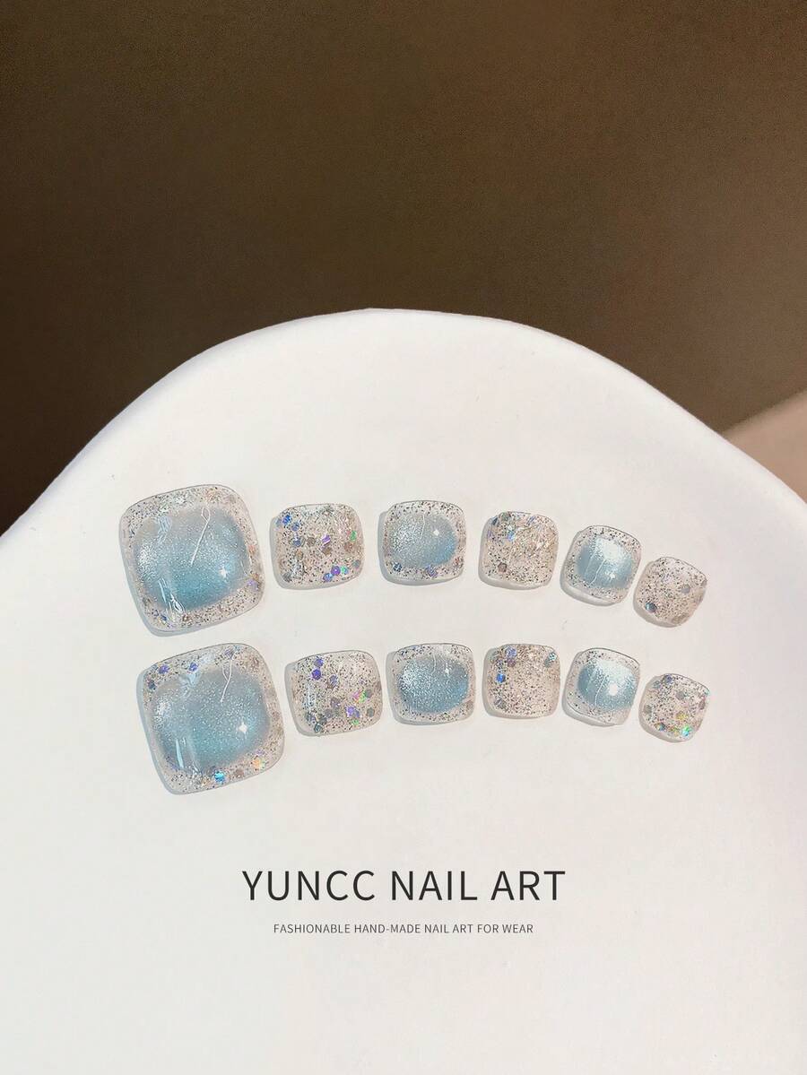 12pcs Handmade Press On Nails, Short Square Blue Cat Eye With Iridescent Glitter, Toe/Finger Fake Nails For Women