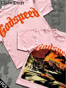 Break The SystemMen's Washed Vintage Crewneck T-Shirt, 100% Cotton 180GSM, Godspeed Highway Car Print, Retro Faded Style, American Streetwear, - 粉紅色3 - 查看 2