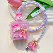 5pcs 3D Cartoon Gradient Wave Design Cable Protector Set Compatible With Apple Charger Cable, 20W Fast Charging Head And Data Cable - Pink - View 3