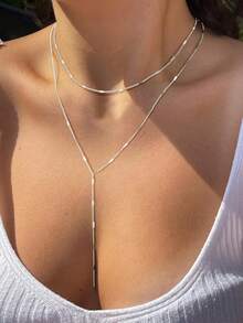VJS 1pc Elegant Vintage Style Stainless Steel Y-Shaped Necklace, Adjustable Double Layer Exquisite Elegant Long Necklace Y-Shaped Pendant Necklace For Women Daily Wear And Party - Multicolor - View 3