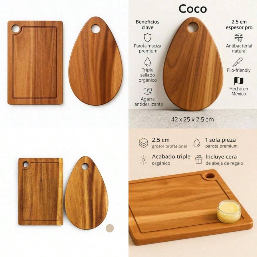 Set de 2 Tablas para Picar de Madera de Parota Grandes y Duraderas Cera de abeja para mantenimiento Cutting Board/Tabla de Cocina de Lujo Linea Premium Dixie Home - parota dorada natural - Ver 1
