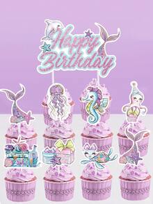 17pcs Mermaid Theme Cupcake Decorations, Mermaid Birthday Party Cupcake Decorations, Ocean Creature Mermaid Tail Pattern Cake Decorations, First Birthday Cake Decorations, Mermaid Birthday Party Decorations, Baby Shower Party Decorations, Birthday Party Supplies, Underwater World Party Decorations, Ocean Theme Birthday Decorations, Birthday Gifts, Party Favors - Mermaid - View 3
