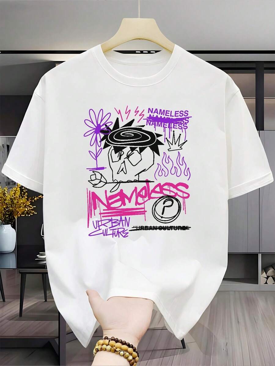 Nueva camiseta versátil de moda casual para hombre,% algodón, de manga corta, con base negra y estampado de graffiti artístico de llamas florales moradas, estilo urbano moderno, estampado personalizado, unisex (para hombres y mujeres), material cómodo, camiseta de manga corta, adecuada para todas las estaciones, regalo para vacaciones y cumpleaños - estilo unisex. - Blanco - Ver 1