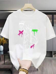 Nueva camiseta casual versátil y elegante de manga corta% algodón estampada - Base negra para hombre con un diseño de grafiti de la Estatua de la Libertad, unisex (para hombres y mujeres), material cómodo, top de manga corta, adecuada para todas las estaciones. Regalo perfecto para vacaciones o cumpleaños - Diseño unisex. - Azul marino - Ver 6