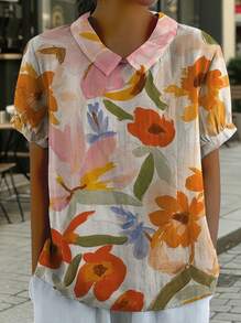 Plus Size Floral Woven Blouse, Regular Sleeve, Collar, Short Sleeve, Regular Length Shirt Summer - Multicolor - View 1