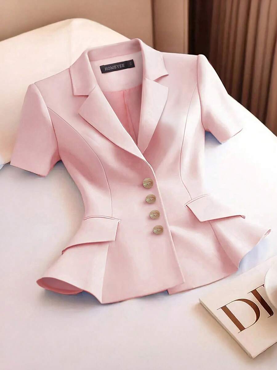 HOMEYEE Women's Short Sleeve Fitted Waist Blazer, Button & Pocket Decor, Professional Office Commuter Top, Spring/Summer Casual Pink - Pink - View 1