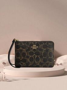 Coach Corner Zip 15/16 Monogram Wristlet Zip Short Wallet with Heart Charm Women's Wrist Strap Card Phone Purse - 棕色拼金色 - 查看 9