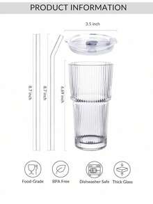 Yesotol 20 Oz Glass Tumblers, Iced Coffee Cups With Lids And Glass Straws, Thickened Wall Ribbed Glass Cups, Ideal For Smoothies, Cocktails, And Juices – Vintage And Durable Drinkware – 4 Pack Coffee Bar Essentials Dessert Cups Cups With Lids And Straw - 羅紋-4pack - 查看 4