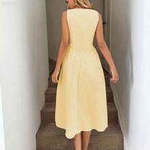 jianchaimaoyi02  X GALILEA  LUNE Vestido midi entallado en la cintura con pliegues, de cuello redondo y sin mangas, de tela de algodón a rayas, casual, elegante para el resort y uso diario para mujeres - Azul y blanco - Ver 3
