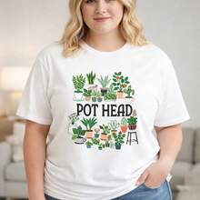 Respirable Camiseta de algodón para mujer, camiseta gráfica con estampado de planta "Pot Head", top de manga corta de corte holgado informal, camiseta suave y cómoda con cuello redondo para amantes del jardín, ropa casual de diseño botánico de talla grande para damas, blusas bonitas, blusas para dama casuales, oferta especial, playera deportiva para mujer. - Blanco - Ver 1
