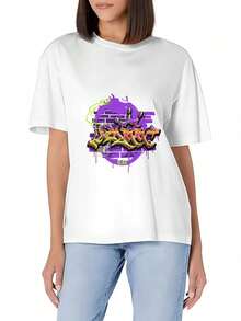 Breathable Graffiti On A Purple Background With A Green And Yellow Border. Women's Short-Sleeved, Fitted T-Shirt In Soft Cotton With A Crew Neck; A Basic And Versatile Style. Cute Blouses, Casual Blouses For Women, Special Offer, Women's Athletic T-Shirt. - 白色 - 查看 1