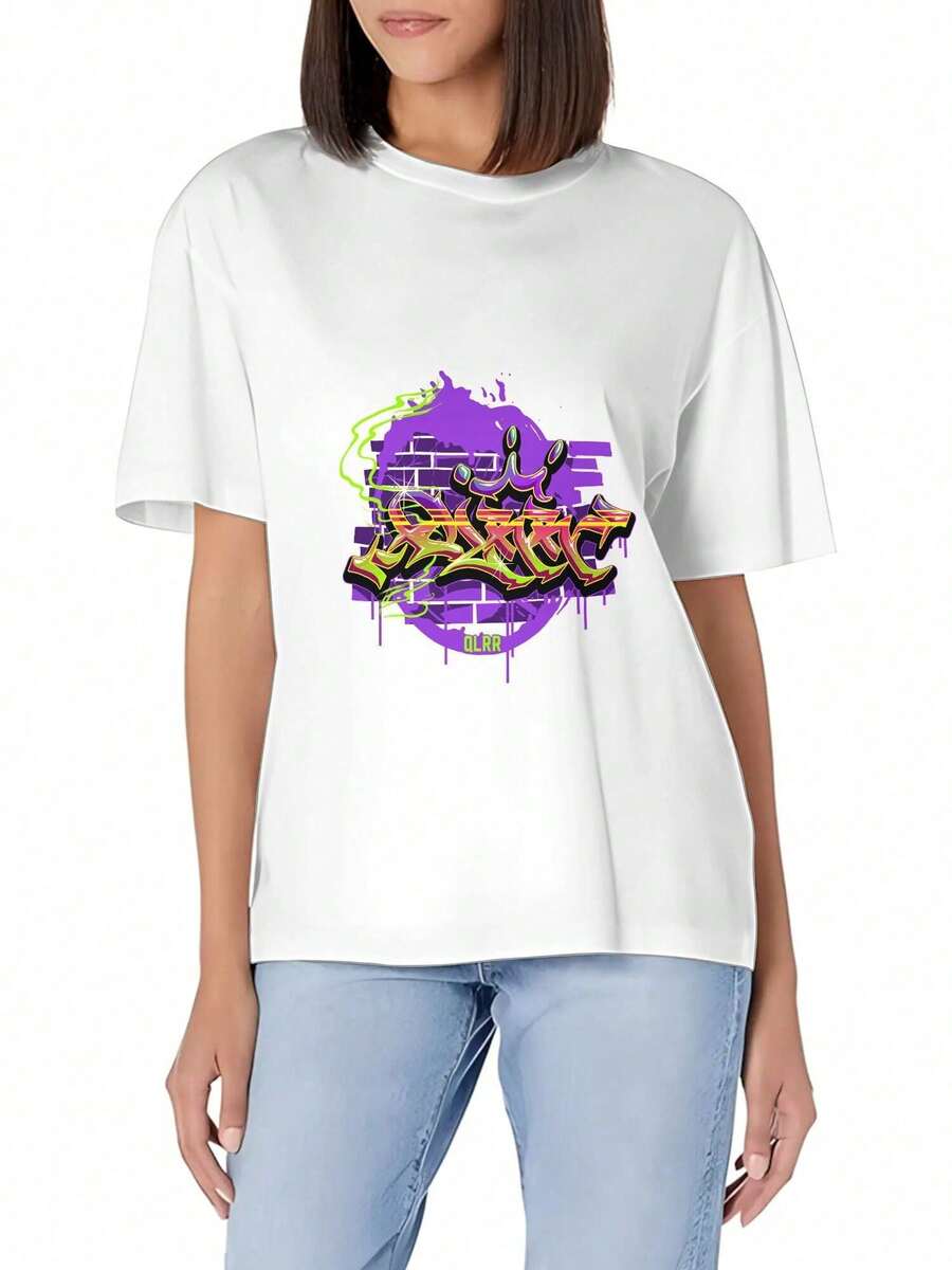 Breathable Graffiti On A Purple Background With A Green And Yellow Border. Women's Short-Sleeved, Fitted T-Shirt In Soft Cotton With A Crew Neck; A Basic And Versatile Style. Cute Blouses, Casual Blouses For Women, Special Offer, Women's Athletic T-Shirt. - 白色 - 查看 1