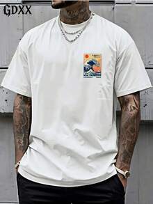Plus-Size Great Wave Hokkaido Surf Design Graphic T-Shirt, 100% Cotton Soft, Casual Streetwear Tee,Harajuku Ukiyo-E Tee,Summer Gift For Men - 白色 - 查看 2