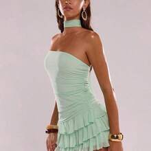 guangzhougaolangshangmao   Vestido mini de verano con volantes y bajo asimétrico, unicolor y sexy para mujer - verde menta - Ver 8