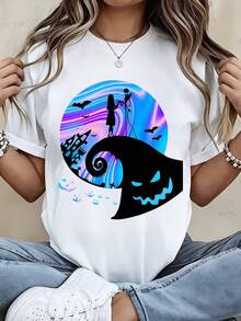 Disney Women Short Sleeve  T Shirt Black Nightmare Before Christmas Jack Skellington Pumpkin Moon Halloween Party Costume Casual Wear - White - View 2