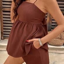 YYRR  Conjunto de 2 piezas de camiseta sin espalda con lazo y shorts de unicolor casual para maternidad - Marrón - Ver 7