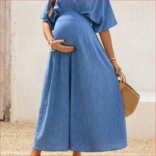 VUUG
  Vestido plisado de unicolor con escote en V y mangas de murciélago para mujeres embarazadas, estilo casual de vacaciones de verano - Azul - Ver 5