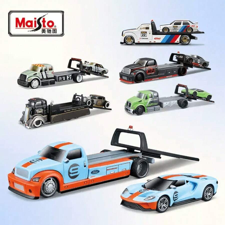 Maisto BMW 1:64 Alloy Metal Transport Truck And Trailer Set | Mini Realistic Transport Vehicle Model With Ramp | Collectible Car Model Desktop Decoration Boyfriend Gift - Multicolor - View 1