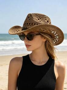 1 chiếc mũ cao bồi miền Tây unisex đính đá quý, mũ rơm in họa tiết rỗng, mũ đi biển chống nắng mùa xuân/hè, mũ chống nắng thường ngày (Sau khi nhận sản phẩm, nếu vành mũ bị biến dạng, cần phải tự điều chỉnh lại). - MZ3056+ML20 - Xem 23
