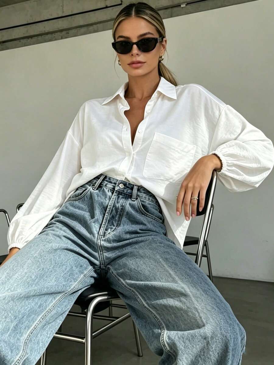 Women Oversized Collared Button Down Shirt, Puff Long Sleeve Pocket Blouse Top For Fall Back To School Casual Daily Outfit - White - View 1