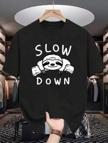 T-shirt à manches courtes d'été pour hommes SLOW avec imprimé logo - Blanc, décontracté, col ras du cou respirant, design de marque SLOW pour un port décontracté, plage & bureau - Top polyvalent printemps/été (Lavage à la main/Nettoyage chimique) - Noir - Voir 1