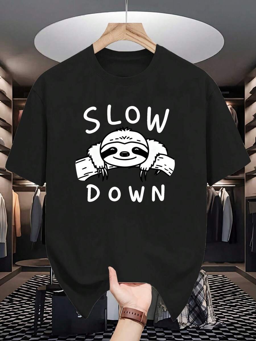 T-shirt à manches courtes d'été pour hommes SLOW avec imprimé logo - Blanc, décontracté, col ras du cou respirant, design de marque SLOW pour un port décontracté, plage & bureau - Top polyvalent printemps/été (Lavage à la main/Nettoyage chimique) - Noir - Voir 1